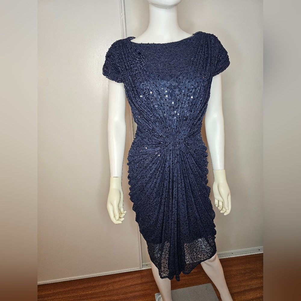 Tadashi Shoji Womens Navy Sequins Cinched Waist Cocktail Dress Size M Formal